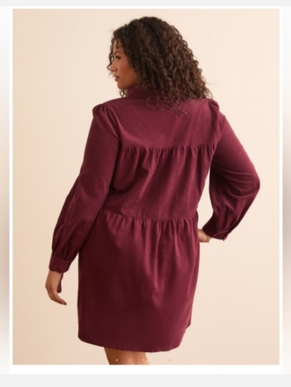 ARULA Burgundy Button-Front Long Sleeve Babydoll Dress - Picture 2 of 4